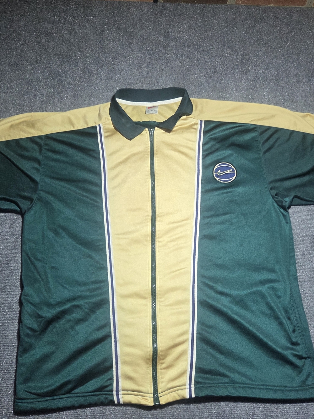 Vintage 90s Nike Full-Zip Short Sleeve Warm-Up Jersey - Green & Gold (XL)